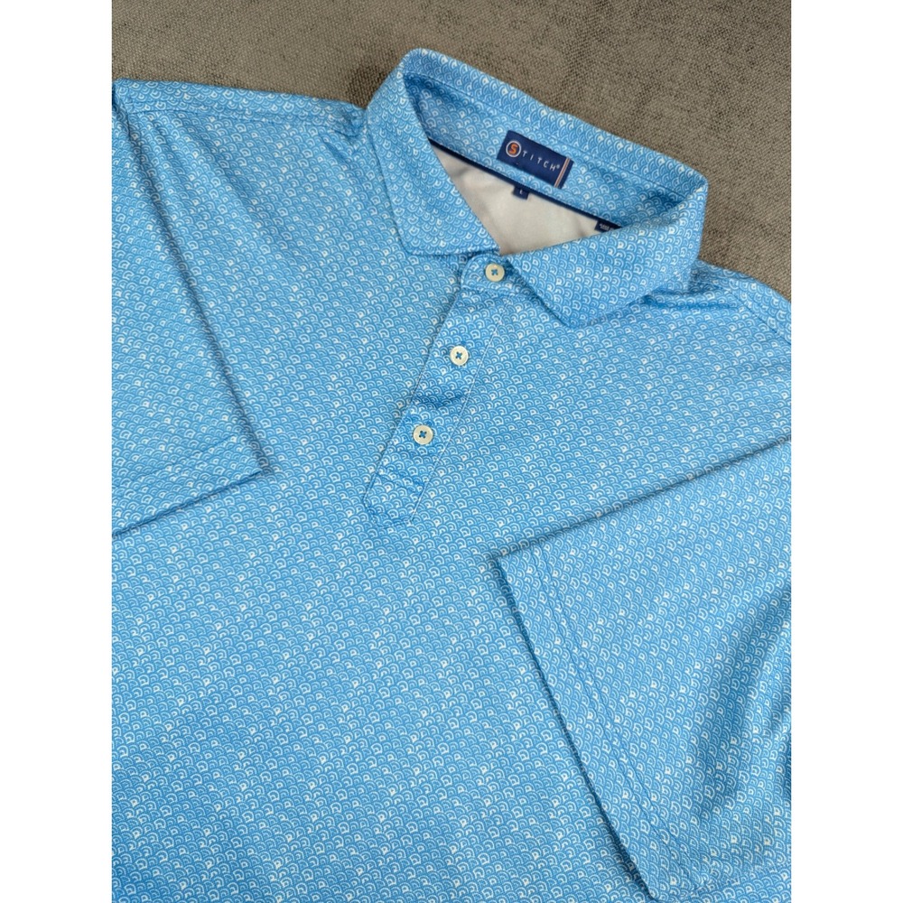 Stitch Golf Polo Shirt Mens L Blue Geometric Wave AOP Print Short Performance